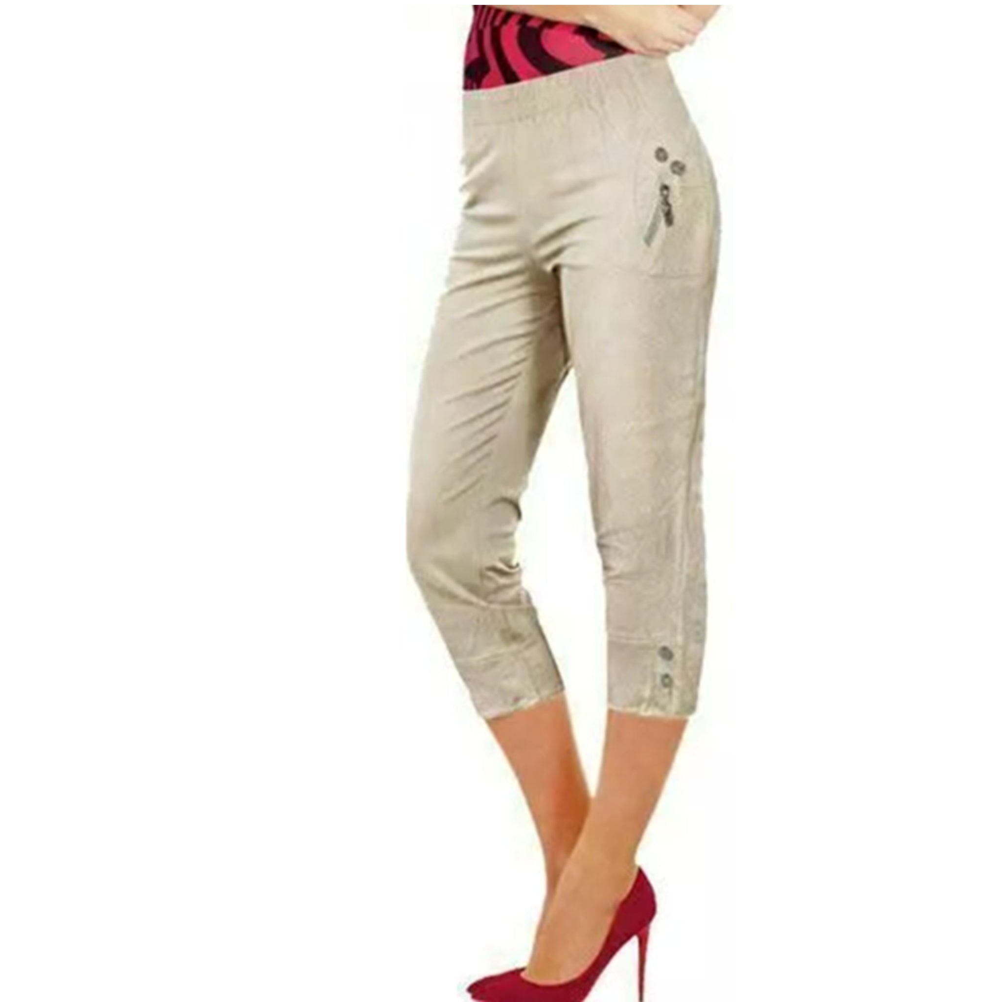 Ladies beige 3/4 cropped trousers with zip pocket and button detail summer fashion